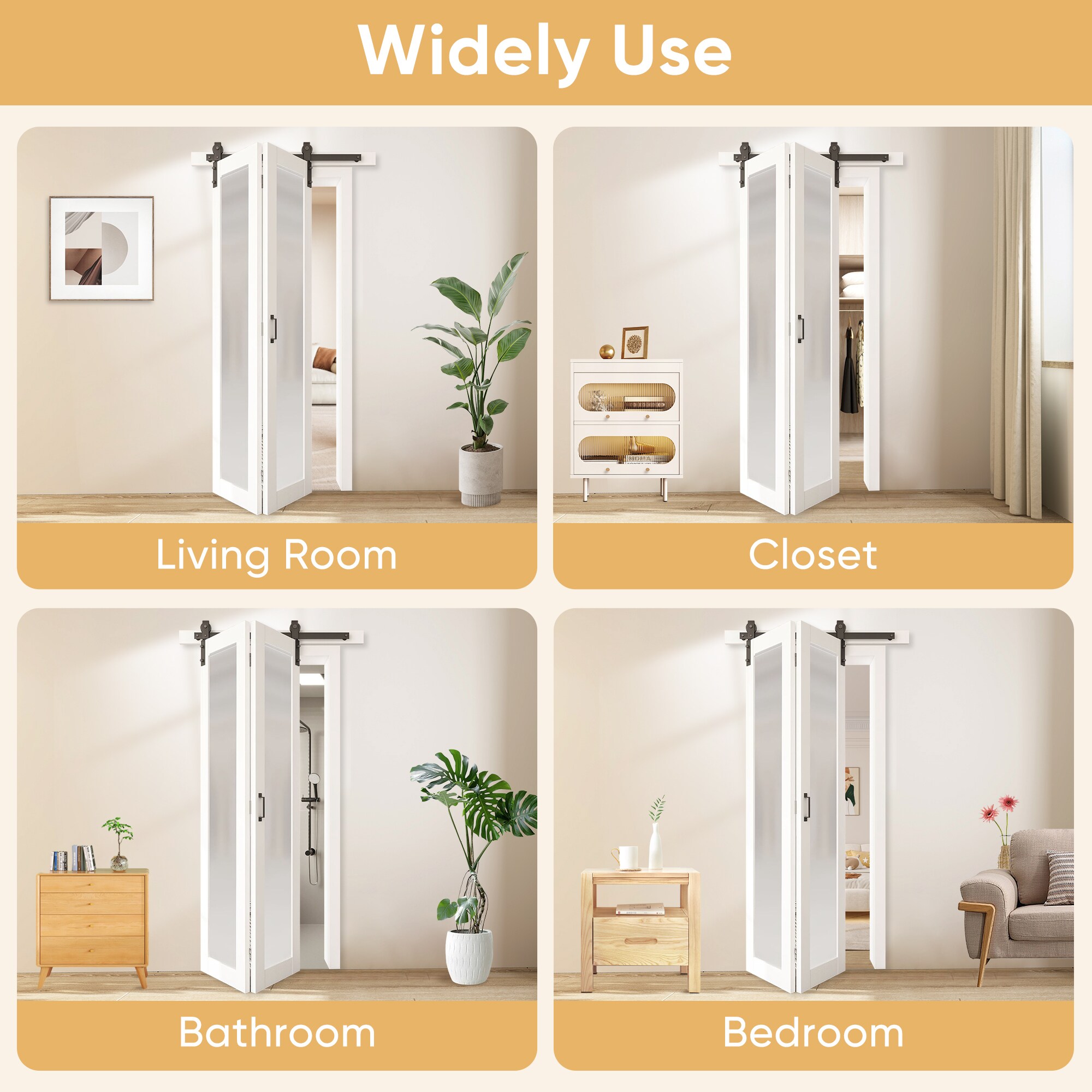 36"x 80" 1-Lite White Frosted Glass Bi-Fold Barn Doors With Installation Hardware Kit_voghion.com